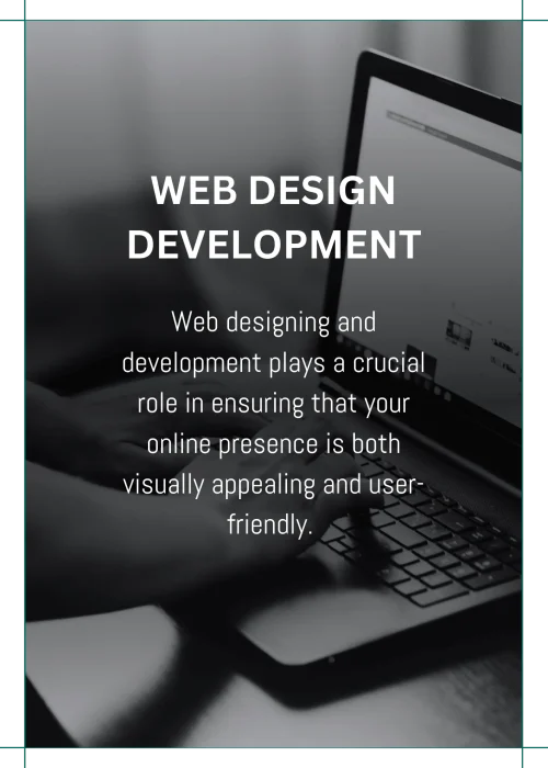 Web design development details overlay a background of hands typing on a laptop keyboard, highlighting the role of a digital marketing strategist in Calicut, Kerala.